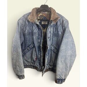 MTO Denim Bomber Jacket Mens L Acid Wash Quilted Brown Collar 90s Style